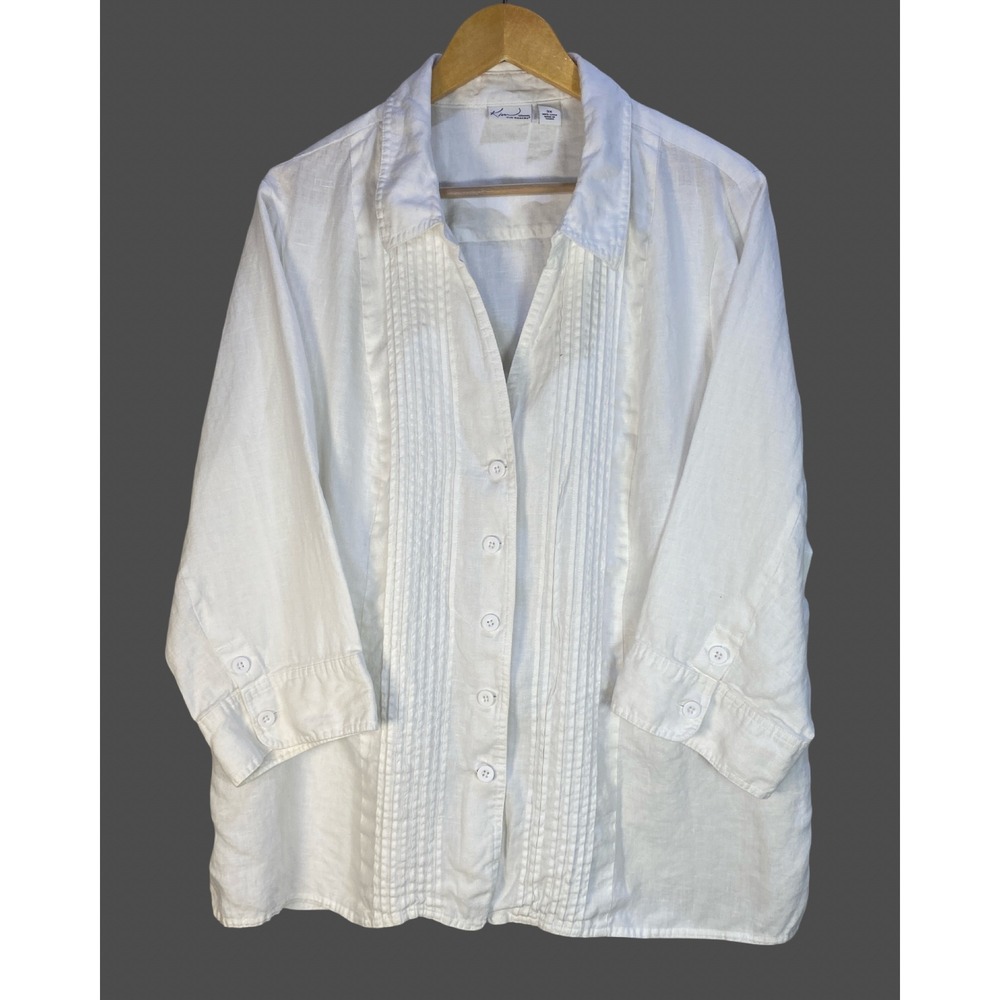 Kim Rogers Woman White 100% Linen 3X Pintuck Button Down Shirt Blouse Costal